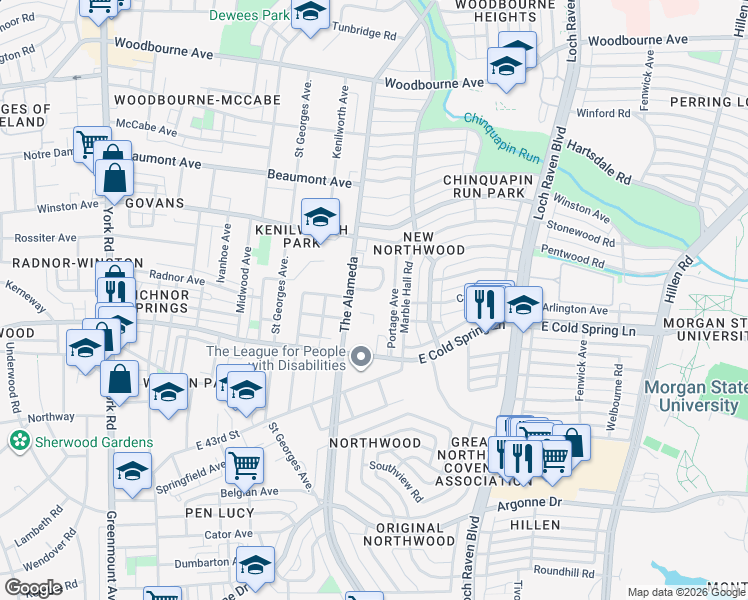 map of restaurants, bars, coffee shops, grocery stores, and more near 1260 Rossiter Avenue in Baltimore