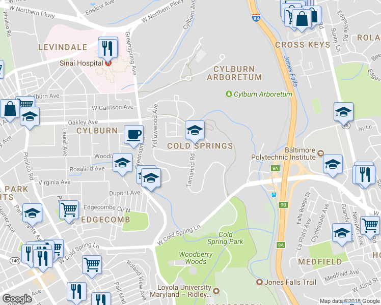 map of restaurants, bars, coffee shops, grocery stores, and more near 2215 Clove Terrace in Baltimore