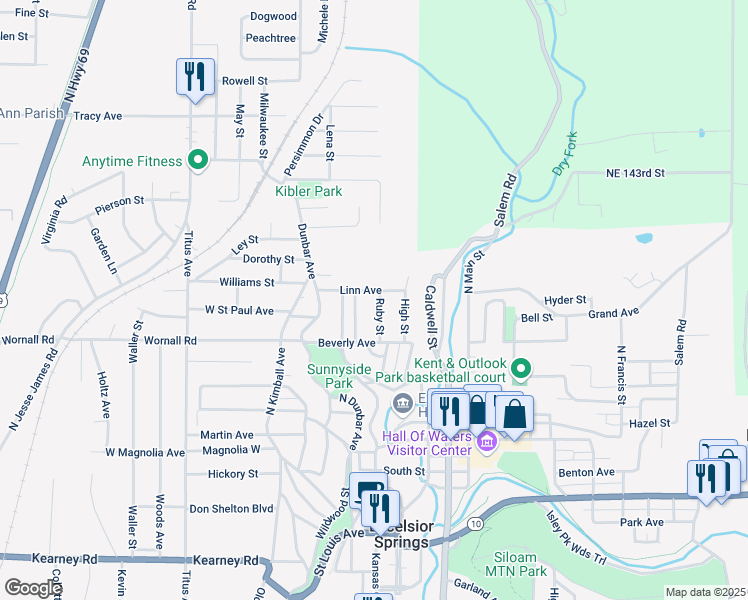 map of restaurants, bars, coffee shops, grocery stores, and more near 701 Ruby Street in Excelsior Springs