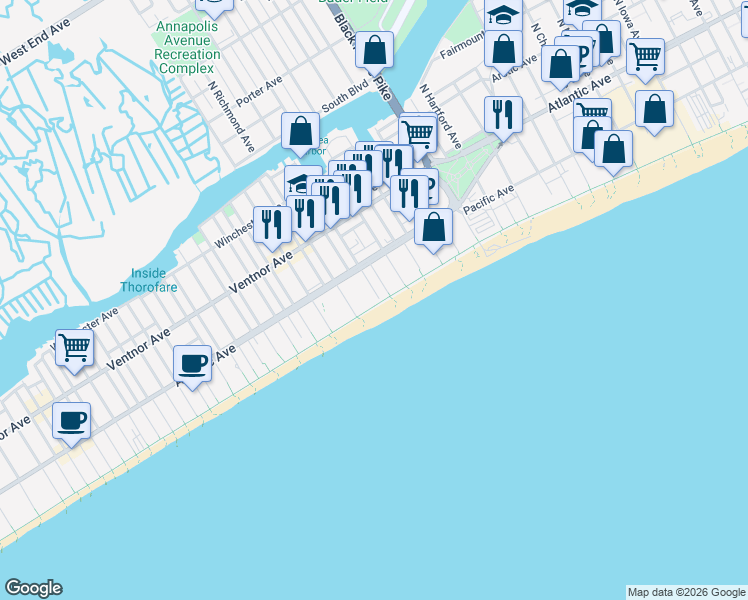 map of restaurants, bars, coffee shops, grocery stores, and more near 4100 Atlantic Avenue in Atlantic City
