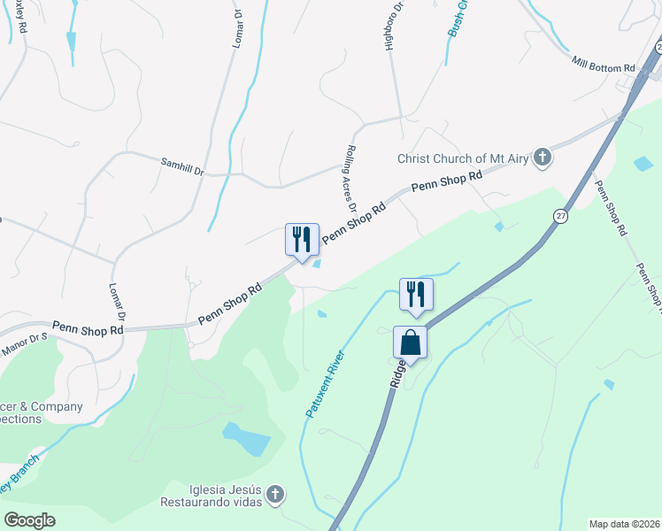 map of restaurants, bars, coffee shops, grocery stores, and more near 13707 Penn Shop Road in Mount Airy