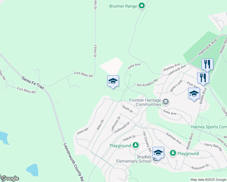 map of restaurants, bars, coffee shops, grocery stores, and more near 1 MacArthur Loop in Fort Leavenworth