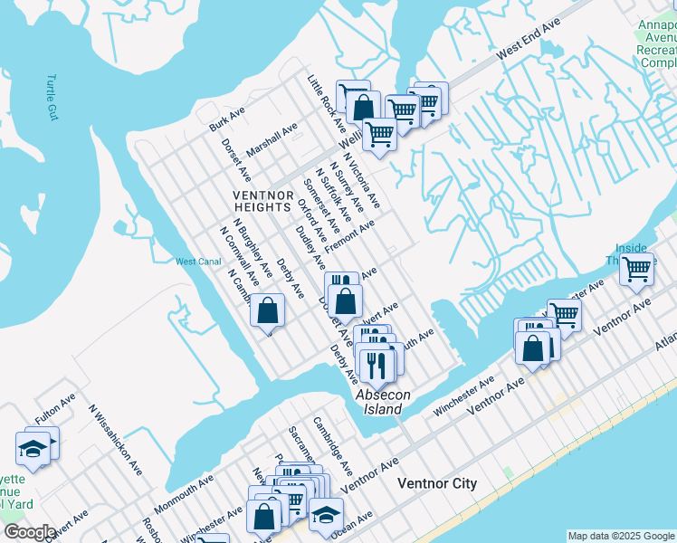 map of restaurants, bars, coffee shops, grocery stores, and more near 403 North Dudley Avenue in Ventnor City