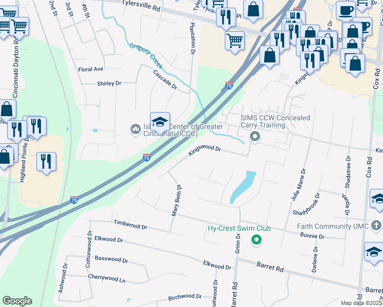 map of restaurants, bars, coffee shops, grocery stores, and more near 7400 Kingswood Dr in West Chester