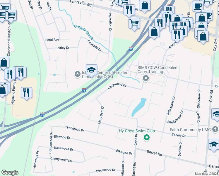 map of restaurants, bars, coffee shops, grocery stores, and more near 7400 Kingswood Drive in Butler County