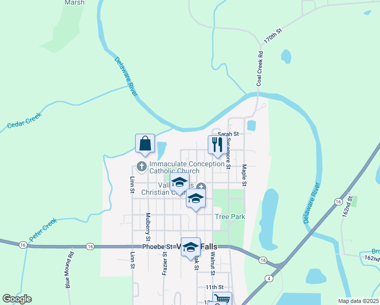 map of restaurants, bars, coffee shops, grocery stores, and more near 309 Oak Street in Valley Falls