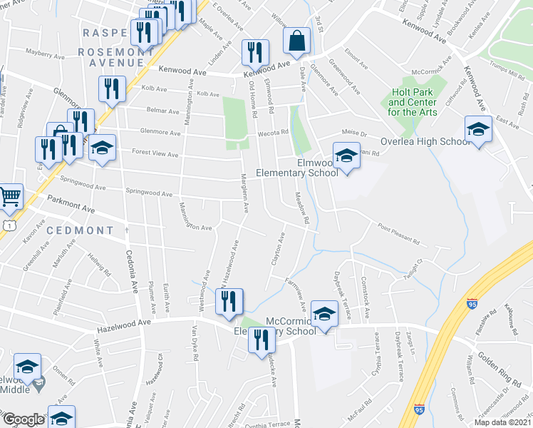 map of restaurants, bars, coffee shops, grocery stores, and more near 444 Old Home Road in Baltimore