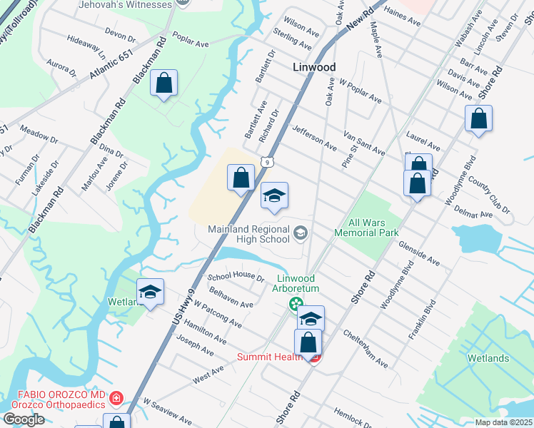 map of restaurants, bars, coffee shops, grocery stores, and more near 1301 Oak Avenue in Linwood