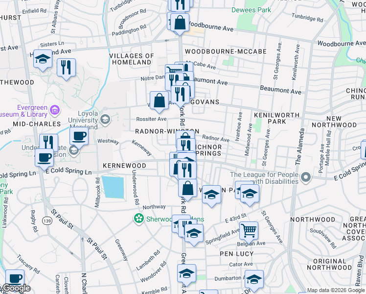 map of restaurants, bars, coffee shops, grocery stores, and more near York Rd & Richwood Ave in Baltimore