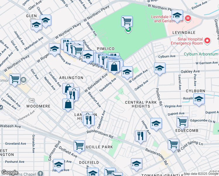 map of restaurants, bars, coffee shops, grocery stores, and more near 5032 Denmore Avenue in Baltimore