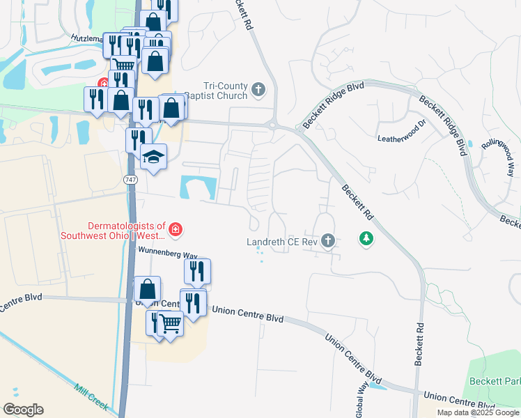 map of restaurants, bars, coffee shops, grocery stores, and more near 5062 Huntington Circle in Beckett Ridge
