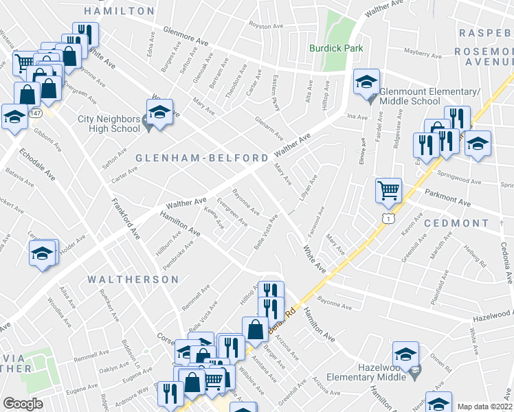 map of restaurants, bars, coffee shops, grocery stores, and more near 3812 Bayonne Avenue in Baltimore