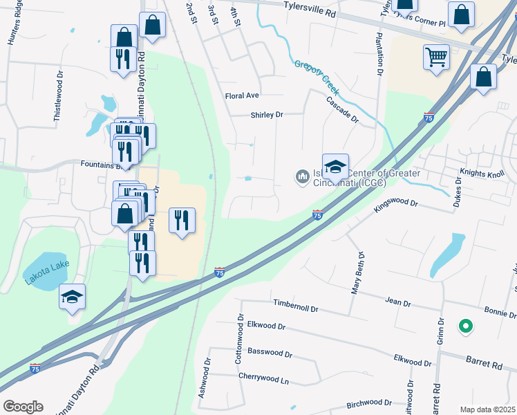 map of restaurants, bars, coffee shops, grocery stores, and more near 8210 Vadith Court in Butler County