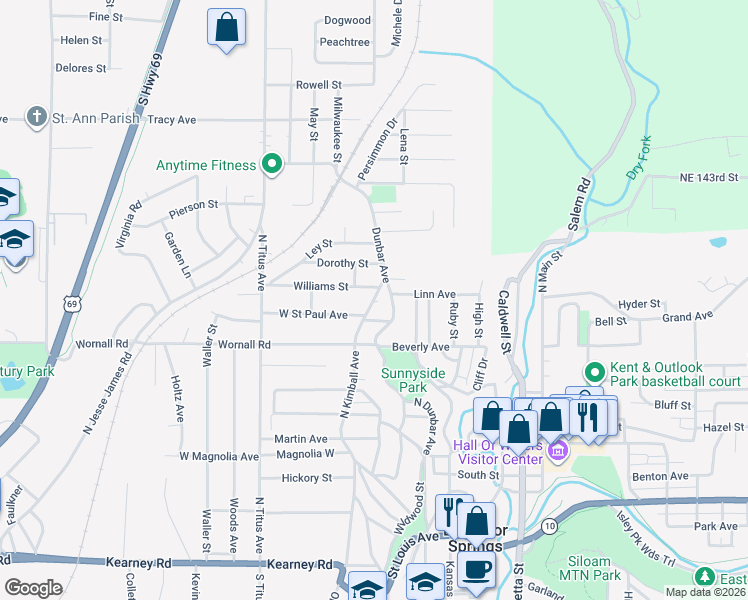 map of restaurants, bars, coffee shops, grocery stores, and more near 600 Dunbar Street in Excelsior Springs