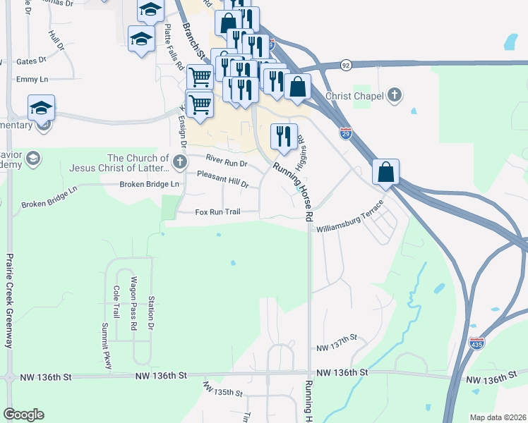 map of restaurants, bars, coffee shops, grocery stores, and more near 3004 Maple Farm Road in Platte City
