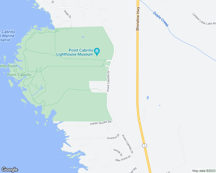 map of restaurants, bars, coffee shops, grocery stores, and more near 13525 Point Cabrillo Drive in Mendocino