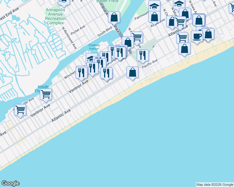 map of restaurants, bars, coffee shops, grocery stores, and more near 4100 Atlantic Avenue in Atlantic City
