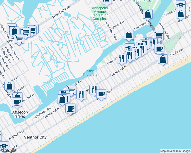 map of restaurants, bars, coffee shops, grocery stores, and more near 3 Newton Avenue in Atlantic City