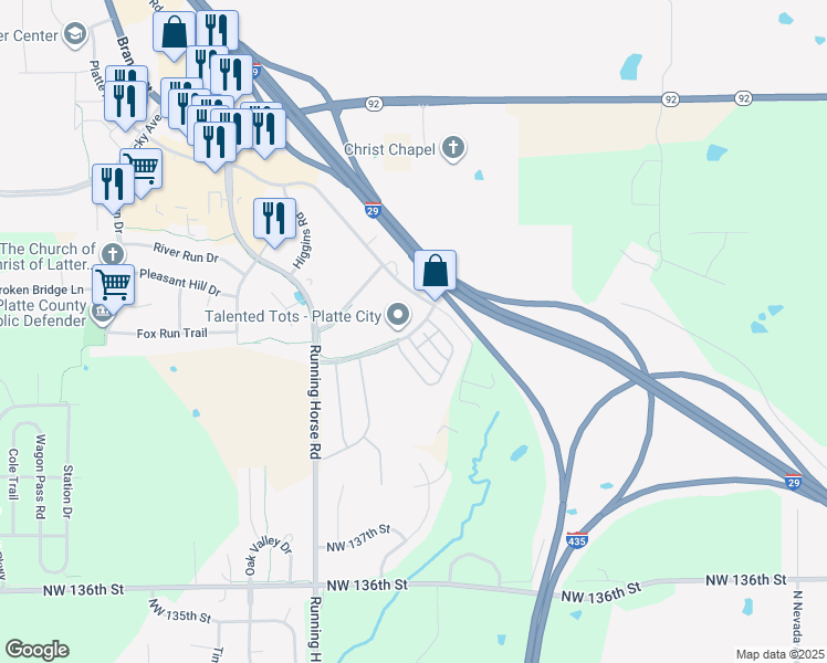 map of restaurants, bars, coffee shops, grocery stores, and more near 2903 Williamsburg Terrace in Platte City