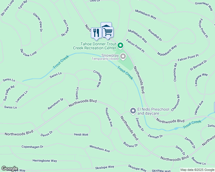 map of restaurants, bars, coffee shops, grocery stores, and more near 13617 Cristallina Way in Truckee