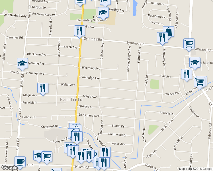 map of restaurants, bars, coffee shops, grocery stores, and more near 710 Walter Avenue in Fairfield