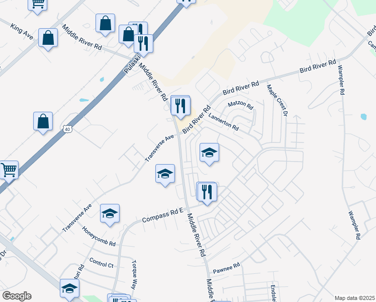map of restaurants, bars, coffee shops, grocery stores, and more near 884 Lowe Road in Middle River