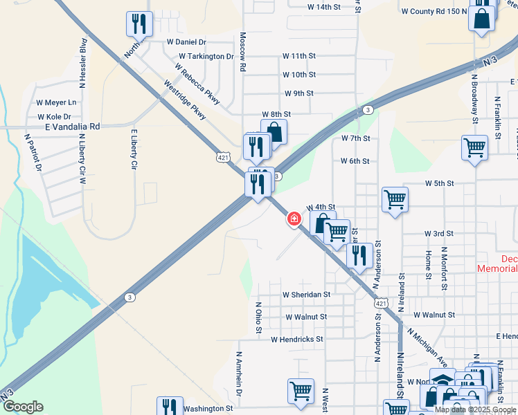 map of restaurants, bars, coffee shops, grocery stores, and more near 900 West Keegans Way in Greensburg
