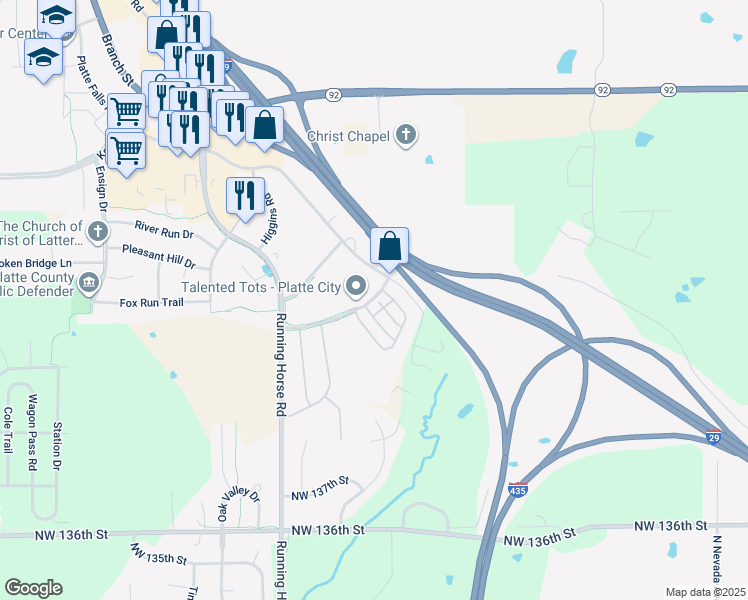 map of restaurants, bars, coffee shops, grocery stores, and more near 2903 Williamsburg Terrace in Platte City