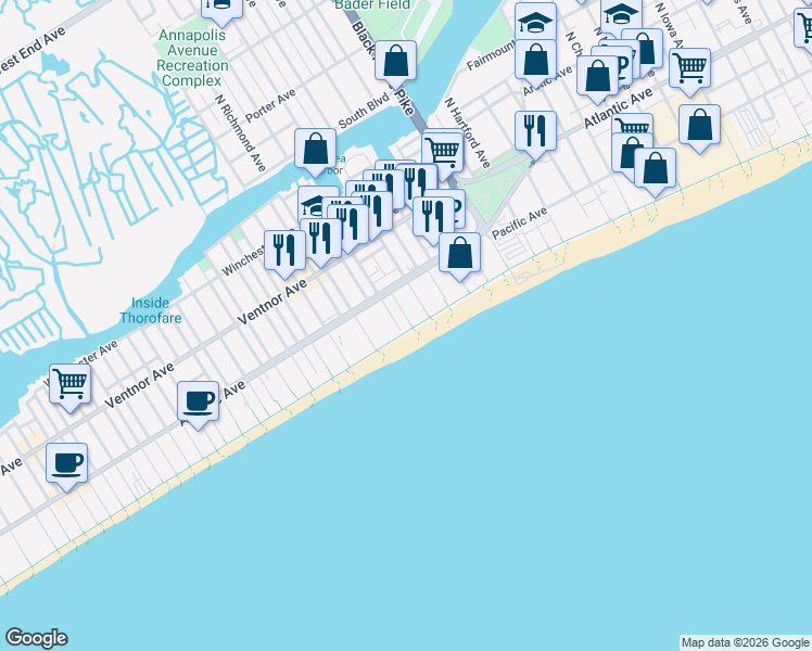 map of restaurants, bars, coffee shops, grocery stores, and more near 4100 Atlantic Avenue in Atlantic City