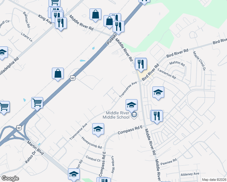 map of restaurants, bars, coffee shops, grocery stores, and more near 2 Pinyon Court in Middle River