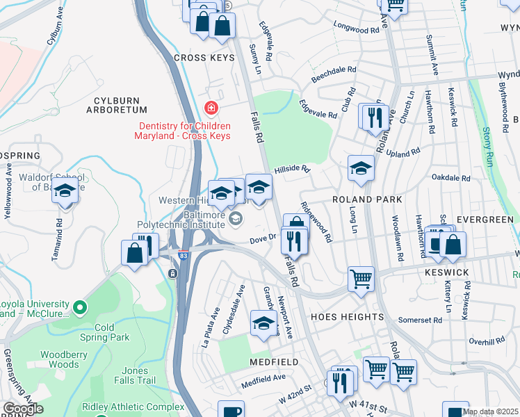 map of restaurants, bars, coffee shops, grocery stores, and more near 4600 Falls Road in Baltimore