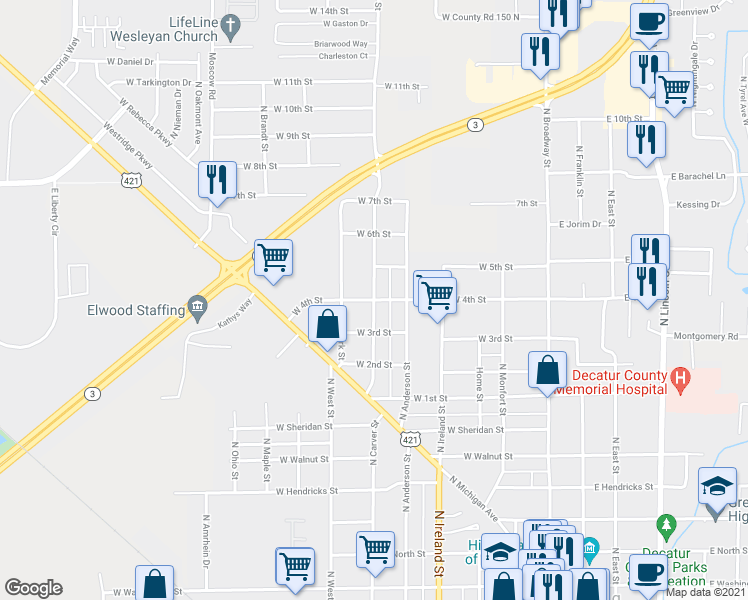 map of restaurants, bars, coffee shops, grocery stores, and more near 598 West 4th Street in Greensburg