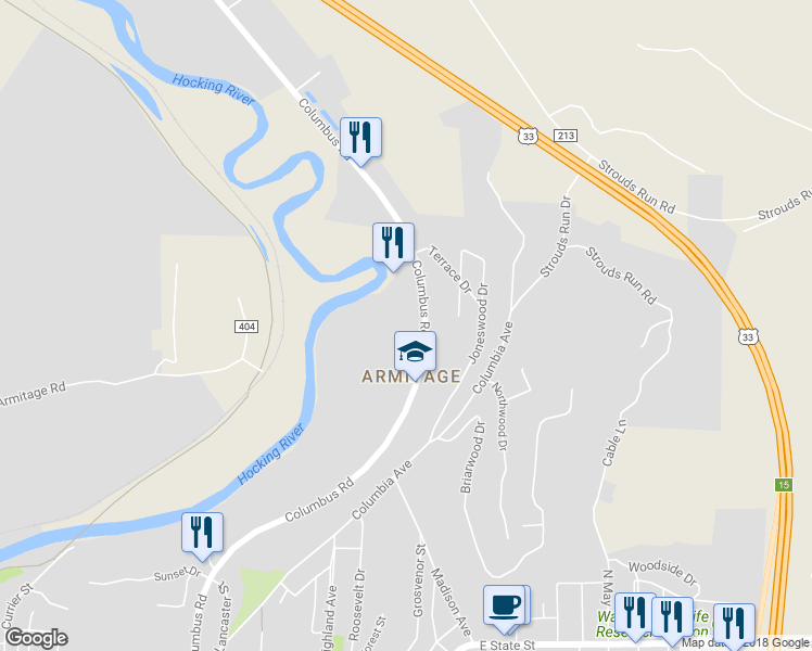map of restaurants, bars, coffee shops, grocery stores, and more near 86 Columbus Road in Athens