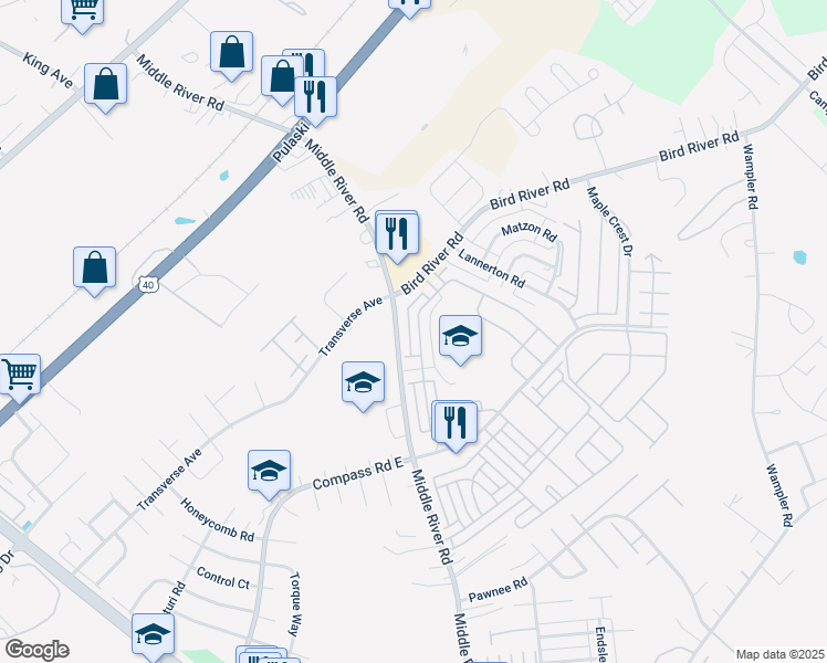 map of restaurants, bars, coffee shops, grocery stores, and more near 884 Lowe Road in Middle River