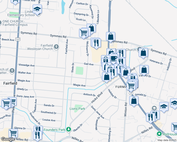 map of restaurants, bars, coffee shops, grocery stores, and more near 4804 McGreevy Drive in Fairfield