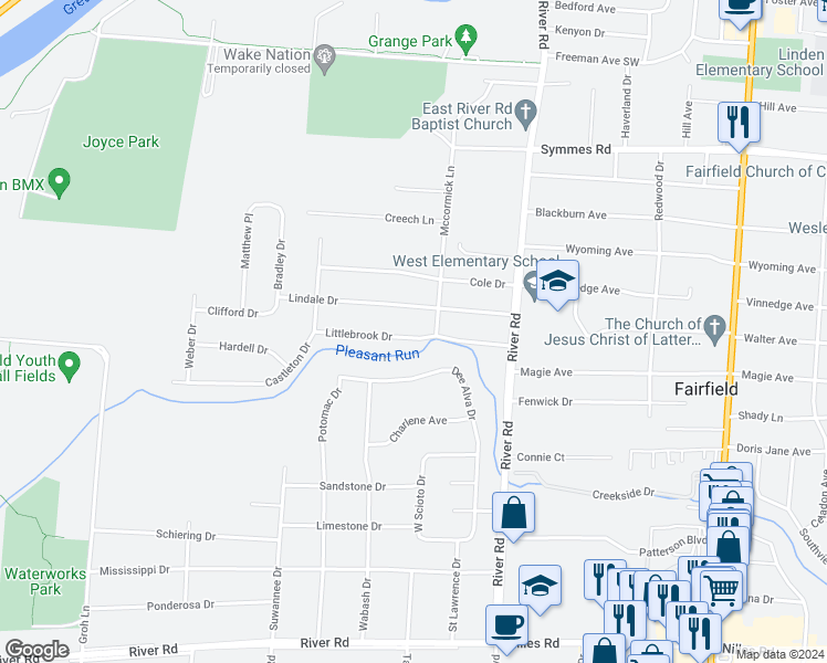 map of restaurants, bars, coffee shops, grocery stores, and more near 168 Littlebrook Drive in Fairfield
