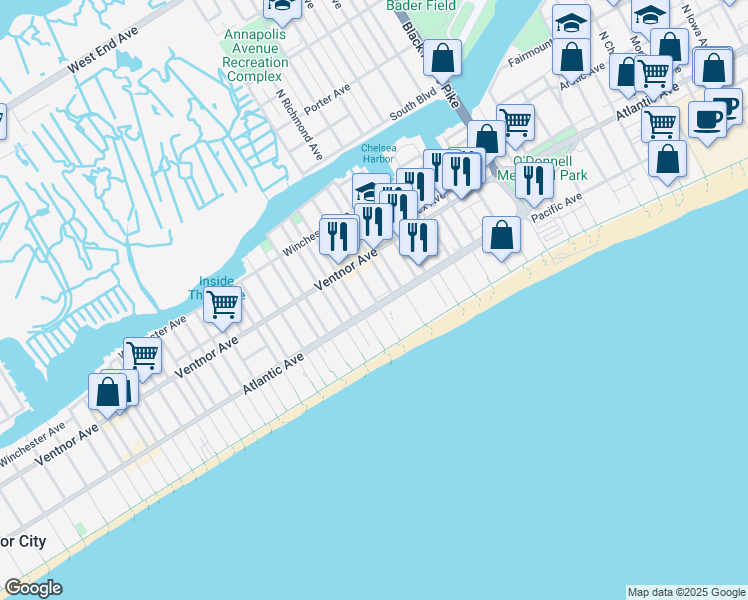 map of restaurants, bars, coffee shops, grocery stores, and more near 76 South Raleigh Avenue in Atlantic City