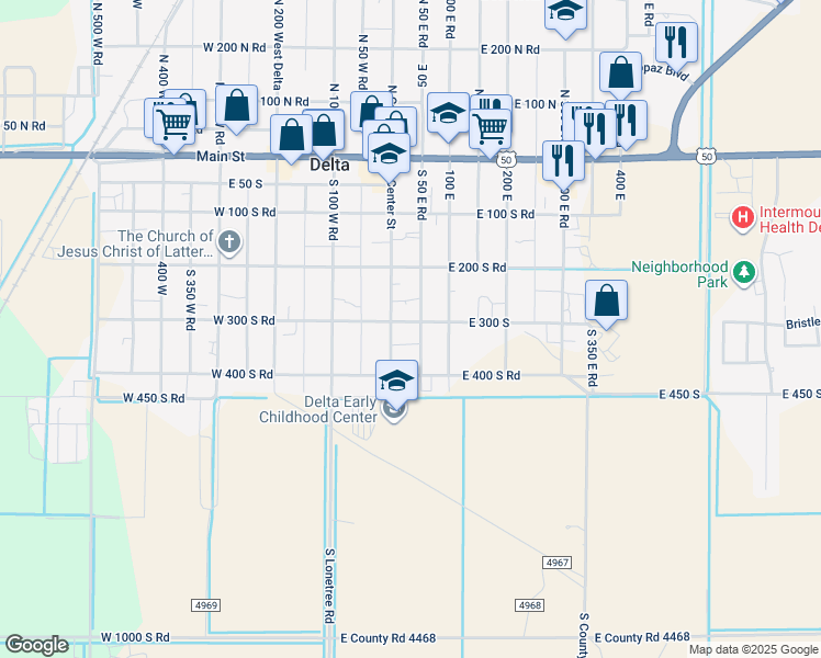 map of restaurants, bars, coffee shops, grocery stores, and more near 32 East 300 South in Delta