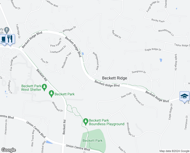 map of restaurants, bars, coffee shops, grocery stores, and more near 8302 Rollingwood Way in Beckett Ridge