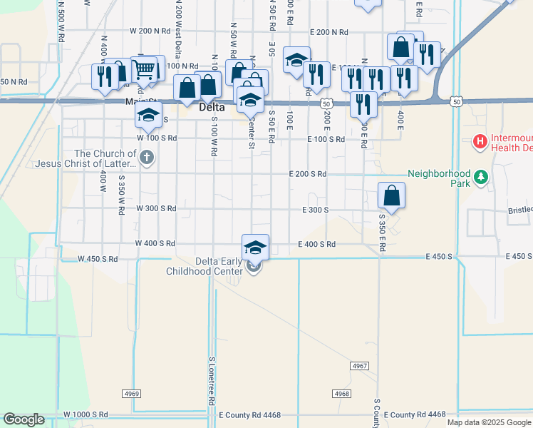 map of restaurants, bars, coffee shops, grocery stores, and more near 38 East 300 South in Delta