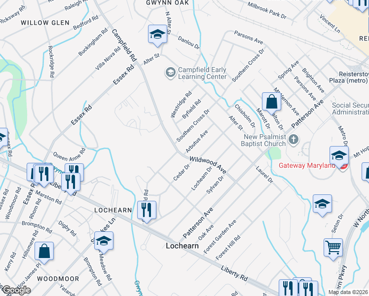 map of restaurants, bars, coffee shops, grocery stores, and more near 3804 Arbutus Avenue in Lochearn