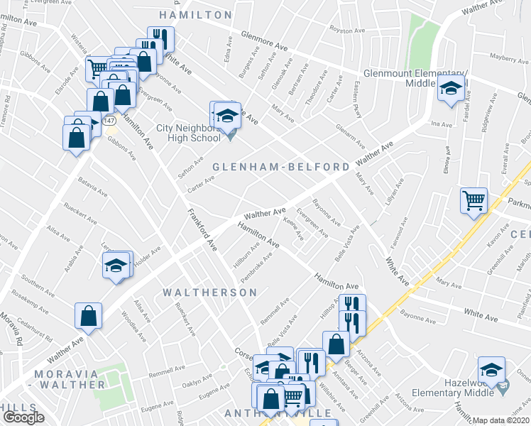 map of restaurants, bars, coffee shops, grocery stores, and more near 5525 Walther Avenue in Baltimore