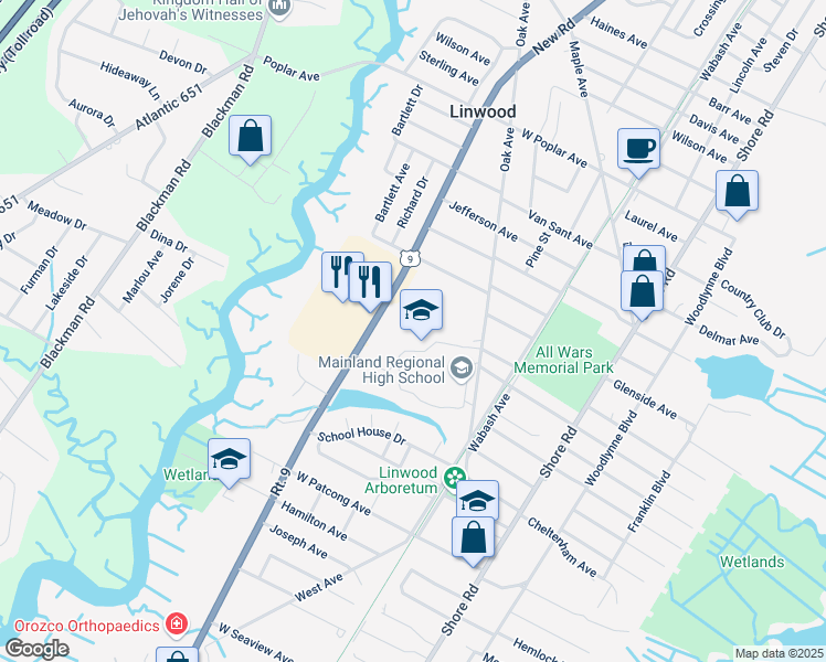 map of restaurants, bars, coffee shops, grocery stores, and more near 1301 Oak Avenue in Linwood