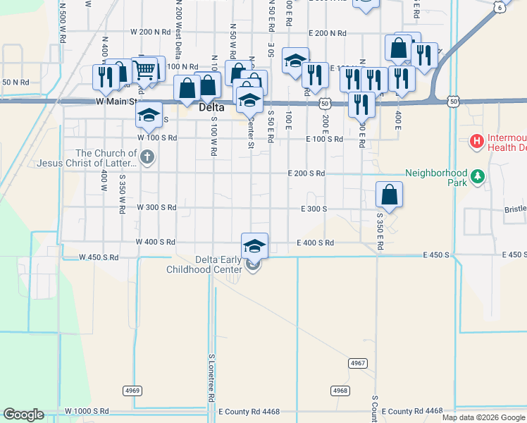 map of restaurants, bars, coffee shops, grocery stores, and more near 38 East 300 North Road in Delta