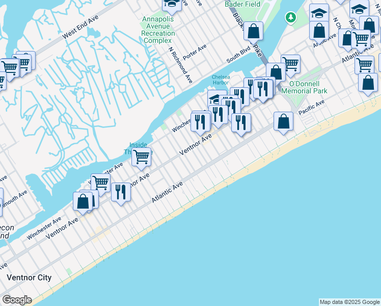 map of restaurants, bars, coffee shops, grocery stores, and more near 4 Bartram Avenue in Atlantic City