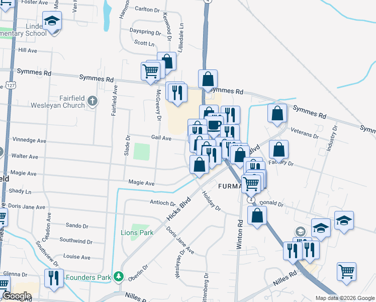 map of restaurants, bars, coffee shops, grocery stores, and more near 1049 Gail Avenue in Fairfield