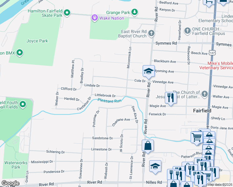 map of restaurants, bars, coffee shops, grocery stores, and more near 170 Lindale Drive in Fairfield