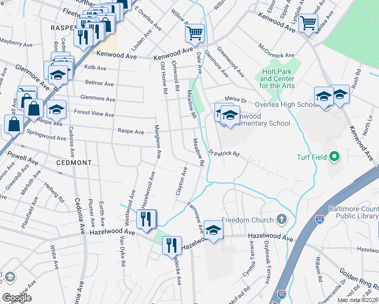 map of restaurants, bars, coffee shops, grocery stores, and more near 424 Elmwood Road in Baltimore