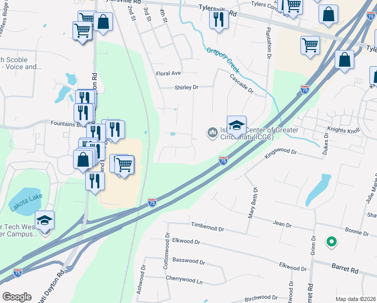map of restaurants, bars, coffee shops, grocery stores, and more near 7164 Summerhill Drive in Butler County