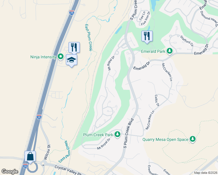map of restaurants, bars, coffee shops, grocery stores, and more near 306 Pine Needle Way in Castle Rock